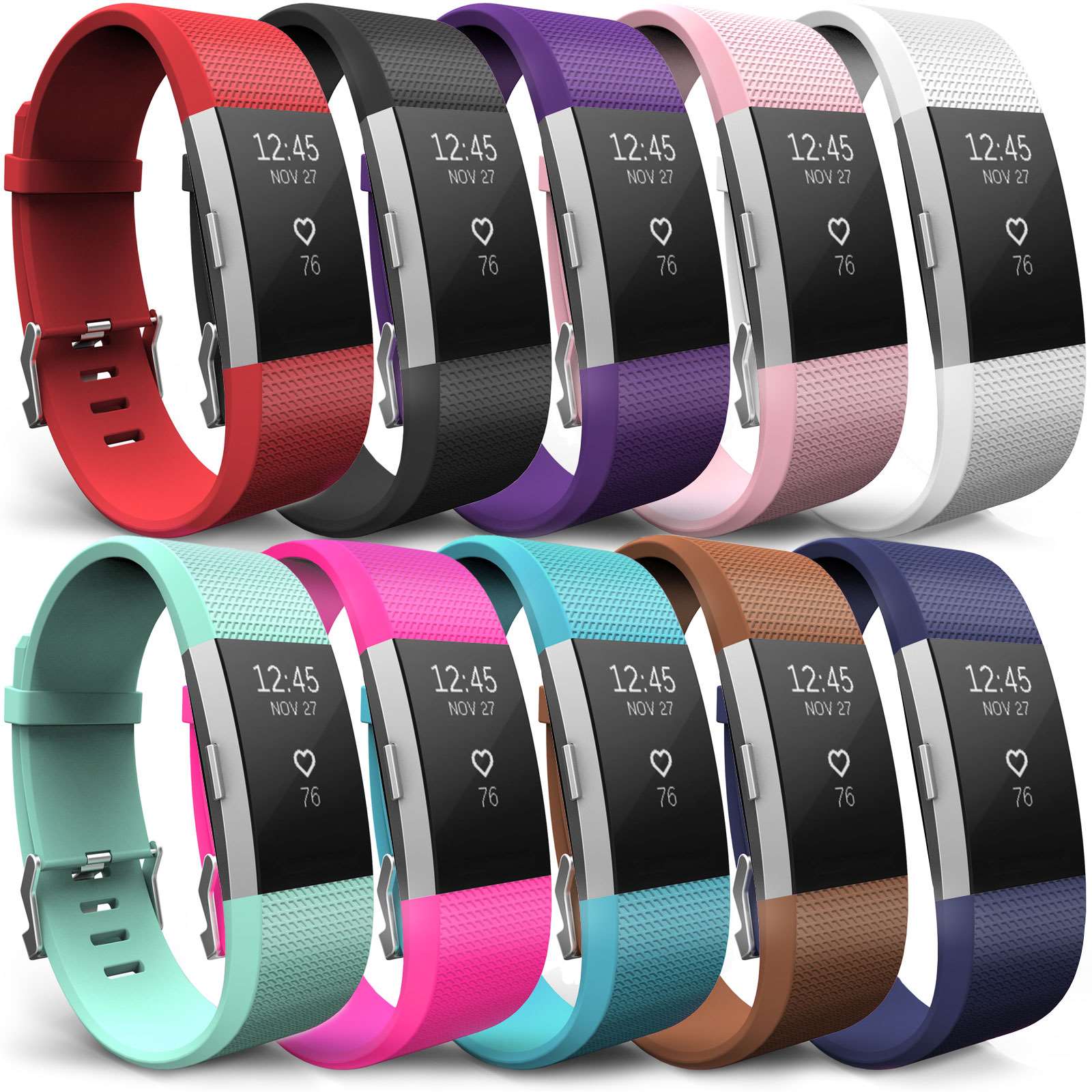 Yousave Fitbit Charge 2 Strap 10 Pack Small Red Black Plum Blush Pink White Mint Green Hot Pink Cyan Brown Dark Blue