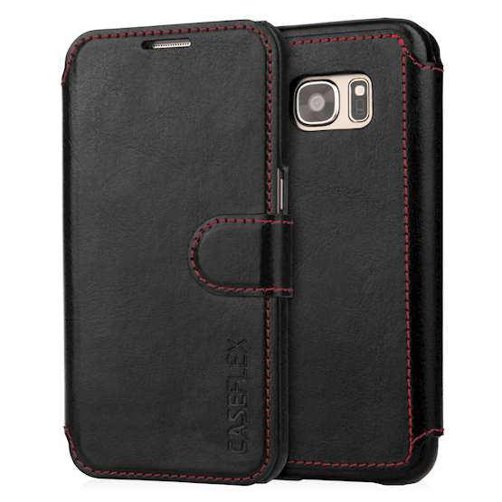 Caseflex Samsung Galaxy S7 Leather Effect Wallet Case - Black with Red Lining